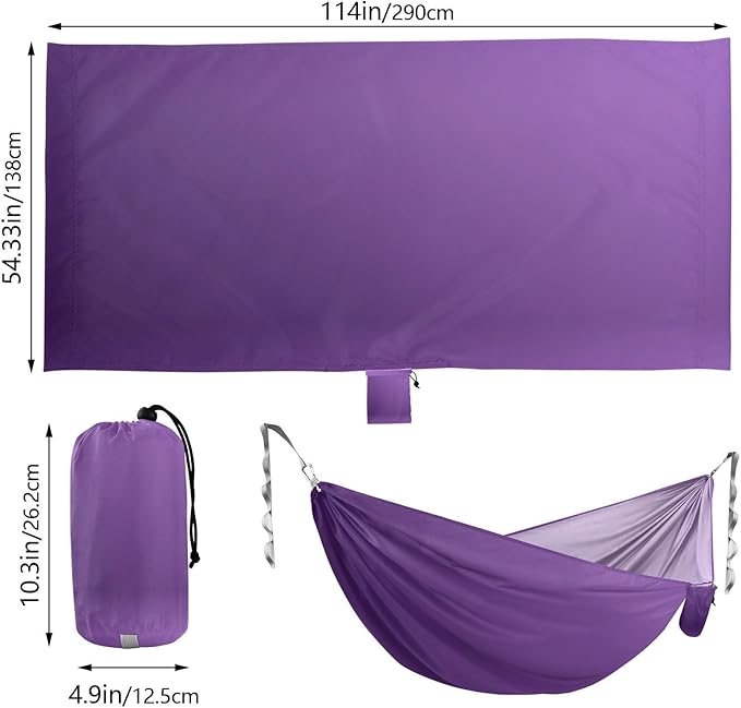 Purple Solid Color Camping Hammock, Portable Lightweight Single Hammock with Tree Straps and Aluminum Carabiners, 114" x 54" Travel Hammock for Hiking Backpacking Beach