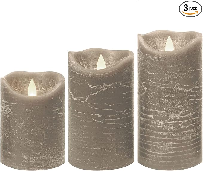 Candle Choice Battery Operated Flameless Candles with Timer Real Wax Realistic Flickering Electric LED Pillars Automatic Built-in Daily Cycle Timer 6-Hour on 18-Hour Off Set of 3 Rustic Texture Gray