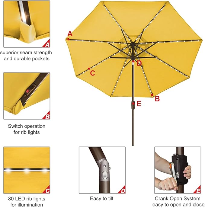 EliteShade USA 10-Year-Non-Fading 9ft Market Patio Umbrella, Commercial Grade Table Sun Umbrella with 80 Solar LED Lights, Crank Open, Windproof & UPF 50+ UV Protection for Garden, Deck, Pool, Backyard, Sunflower Yellow