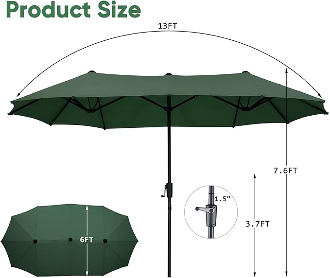 13Ft Large Patio Umbrella with Base Outdoor Double-Sided Market Extra Large Table Umbrella Easy Crank for Yard, Poolside, Deck-Green