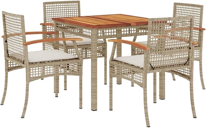 5 Piece Patio Dining Set with Cushions Beige Poly Rattan Outdoor Table and Chairs for Garden Backyard Deck, UV-Proof Wicker Furniture with Solid Acacia Wood Top, Removable Washable Cushion Covers