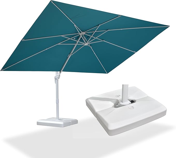 PURPLE LEAF 9' × 11.5' Patio Umbrella With Base White Cantilever Umbrella Square Outdoor Offset Windproof with 360° Rotation for Garden Deck Pool, Turquoise