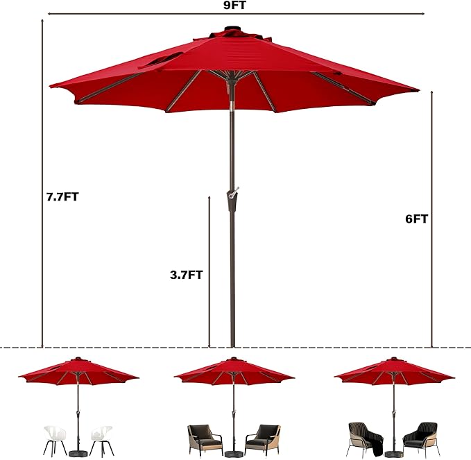 9FT Solar-Powered LED Patio Umbrella with Tilt Crank,Outdoor Market Umbrella with 32 Lights,Sunshade for Deck, Garden and Pool