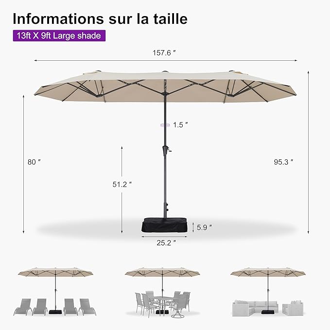 PURPLE LEAF 13ft Double-Sided Patio Umbrella with Base Included Market Rectangle Umbrella Outdoor Table Umbrella with Crank for Pool Garden Deck, Khaki