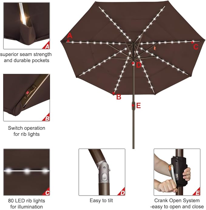EliteShade USA 10-Year-Non-Fading 9ft 3-Tier Market Patio Umbrella, Commercial Table Umbrella with 80 Solar LED Lights, Crank Open, Windproof & UPF 50+ UV Protection for Garden, Deck, Pool, Backyard, Chestnut