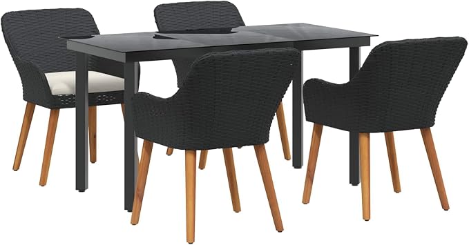 Garden Dining Set with Cushion 5 pcs Black Poly Rattan Outdoor Patio Furniture Table and 4 Chairs for Backyard Poolside Deck Porch Lawn Weather Resistant Easy Assembly