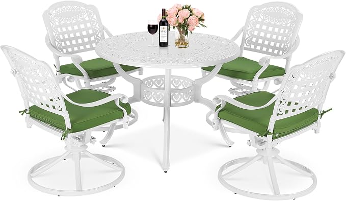 MEETWARM 5-Piece Outdoor Patio Dining Set, All-Weather Cast Aluminum Patio Conversation Set with 4 Cushions Swivel Rocker Chairs for Backyard Garden Deck and 38.5" Round Table, White