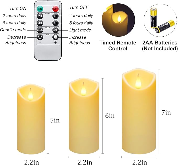 Enido 9-Piece Flameless LED Candles with Remote & Timer - 3D Flickering Real Flame Effect - Heat-Resistant Plastic Battery Operated Pillars for Home Decor, Weddings (D: 2.2” x H: 5”, 6”, 7”)