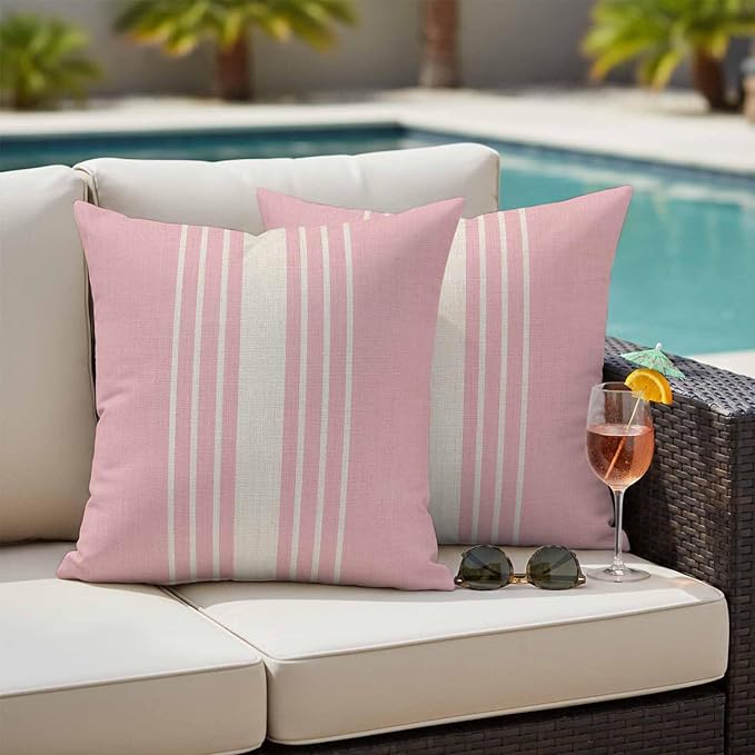 Pink Beige Striped Outdoor Pillow Covers 24x24 Inch Throw Pillow Covers Set of 2 Waterproof Decorative Pillow Cases Modern Farmhouse Retro Lines Cushion Covers for Patio Furniture Garden Couch Sofa
