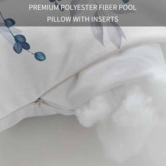 Outdoor Chair Pillow Headrest for Patio Pool Chaise Lounge, Blue Wild Flowers Recliner Head Pillow, Spring Watercolor Eucalyptus Leaves Floral Waterproof Pillowcases Lumbar Pillows & Insert 11x16x1