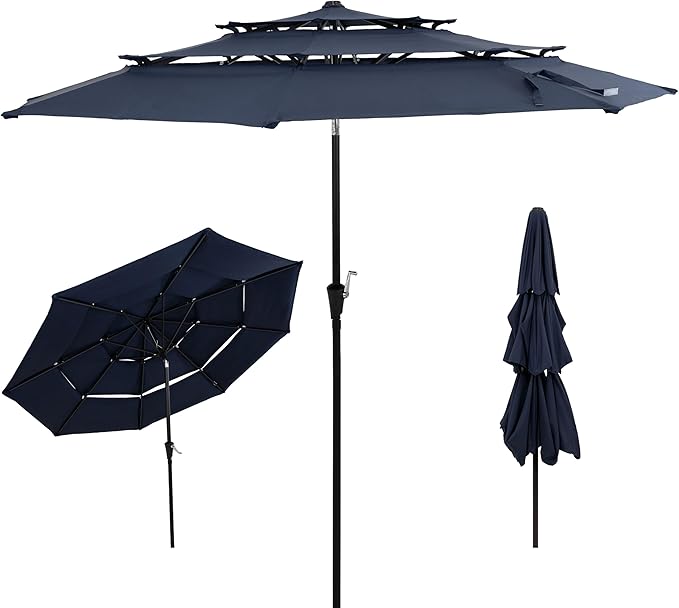 Sunnydaze Outdoor Umbrella for Patio - Vented 3-Tier Outdoor Patio Umbrella - Wind-Resistant, Tilt and Crank - For Pool, Garden, or Yard