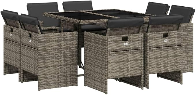 9-Piece Patio Dining Set with Cushions Gray Poly Rattan Outdoor Furniture Set for Garden Backyard Balcony Porch