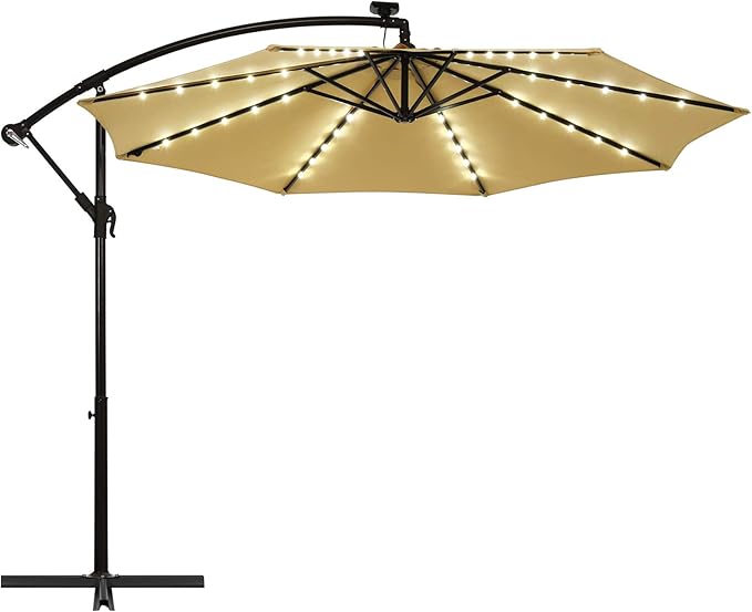 Tangkula 10 Ft Patio Offset Umbrella, 40 LED Lighted Market Umbrella W/8 Sturdy Ribs, Easy Tilt Adjustment & Crank, Polyester Shade, Ideal for Backyard, Garden, Seaside, Store, Pool (Beige)