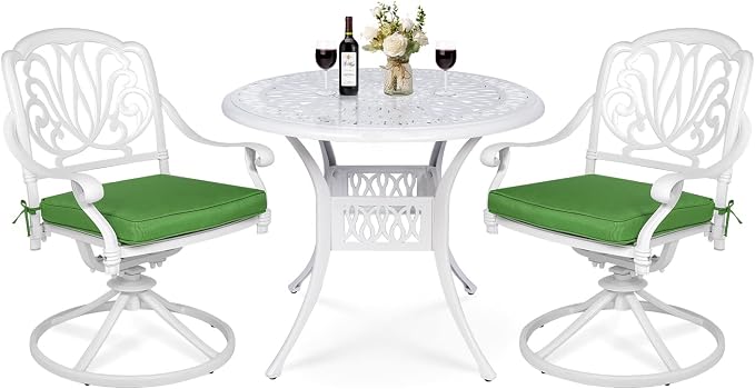 VIVIJASON 3-Piece Patio Furniture Dining Set, Outdoor All-Weather Cast Aluminum Bistro Set, Include 2 Swivel Chairs and 35.4" Round Table w/Umbrella Hole for Balcony, Lawn, Garden, Backyard, White