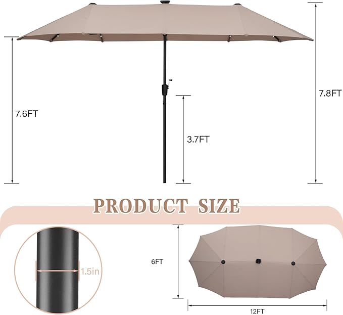 13 ft Patio Umbrella with 36 LED Lights, Large Rectangle Outdoor Solar Umbrella with Strap, Crank, Khaki