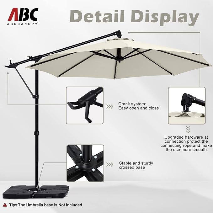 ABCCANOPY 10FT Cantilever Umbrella Offset Hanging Patio Umbrella with Base Stand Rotate and Tilt，Suitable for Garden, Lawn, Backyard（Light Beige）