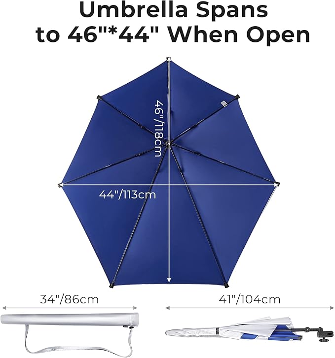 Prospo Adjustable Beach Umbrella with Universal Clamp, Portable UPF 50+ UV Protection Umbrella for Chair, Wheelchair, Golf Cart, Stroller, Bleacher, Patio