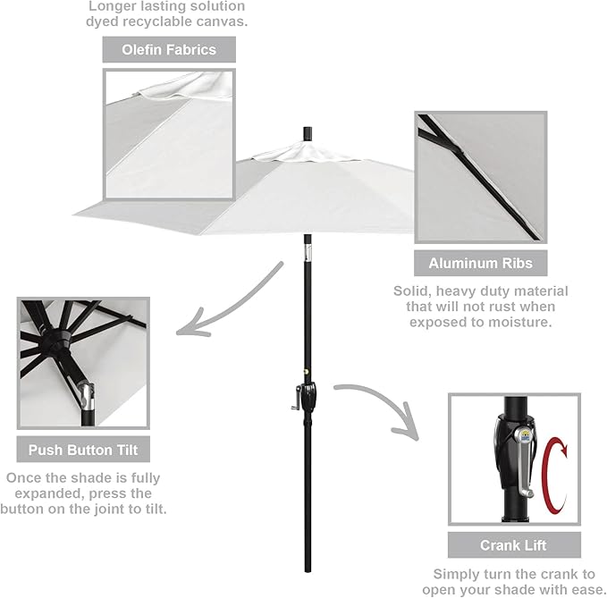 California Umbrella 7.5' Round Aluminum Market Umbrella, Crank Lift, Push Button Tilt