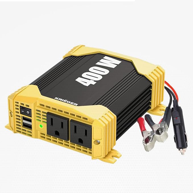 K KRIËGER 400 Watt 12V DC to 110V AC Car Power Inverter 2 Outlets, USB Ports, Cigarette Lighter Plug & Clamps for Vehicles, Road Trip Essentials Accessories- ETL Certified to UL & CSA Standard