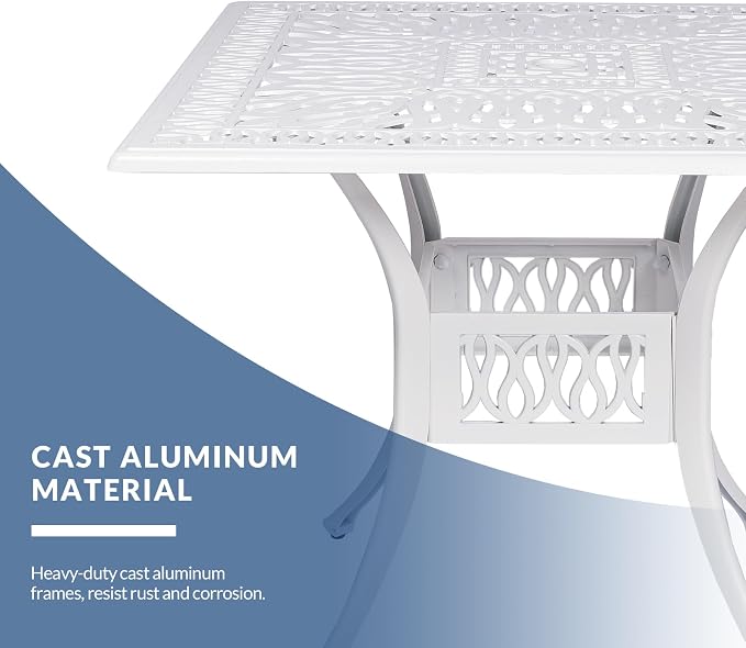 35.4 Inch Outdoor Dining Table Square Patio Table Bronze Cast Aluminum Rustic Large Table with Umbrella Hole, White