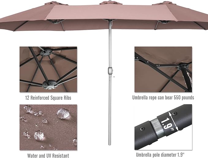 AECOJOY 15x9ft Large Patio Umbrella, Double-Sided Outdoor Market Rectangle Table 177''x104'' Umbrella with Crank Air Vents for Deck Pool Patio(1.9" Pole, Brown)