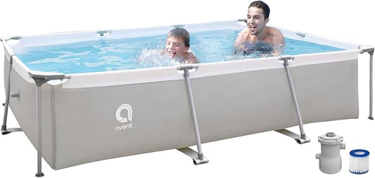 Above Ground Swimming Pool with Filter Pump,Outdoor Rectangle Frame Steel Frame Pool for Backyard,Gray 10ft x 6.8ft x 25.6in