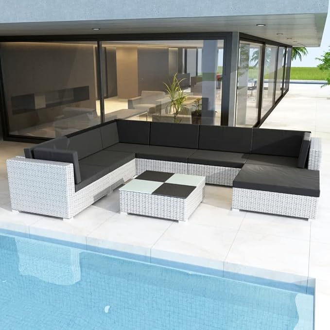 8 Piece Patio Lounge Set with Cushions,Outdoor Couch,Patio Bar Set,Modern Outdoor Furniture,Dining Bench with Back,Bistro Set,for Patio Deck Garden,Backyard & Lawn,Poly Rattan White