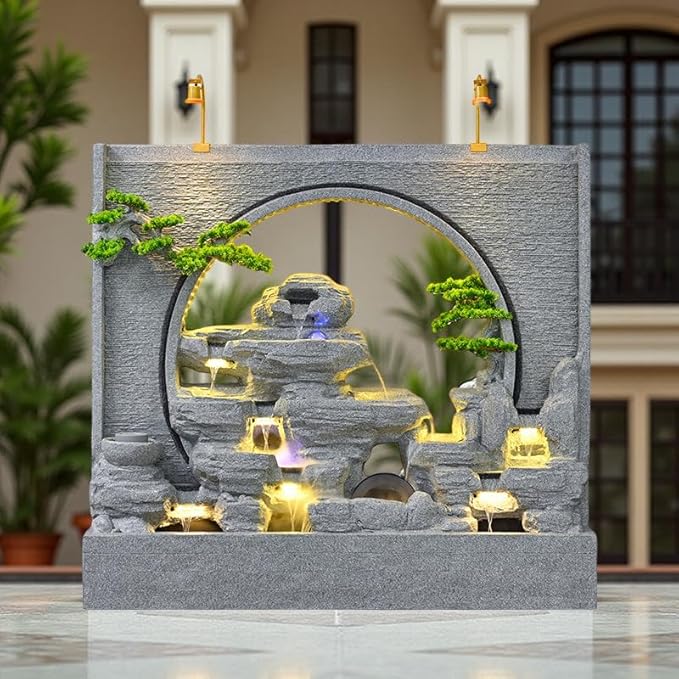 60" LED Outdoor Cement Fountain with Mist, Rock Waterfall & 50 Crystals – Zen Decor for Patio, Garden, Balcony or Housewarming (A Bluestone Color)
