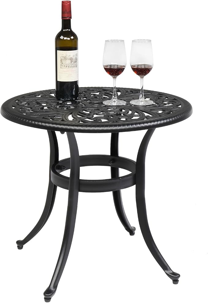 VINGLI 23.6" Cast Aluminum Round Patio Table with Umbrella Hole - All Weather Outdoor Bistro & End Table (Black)