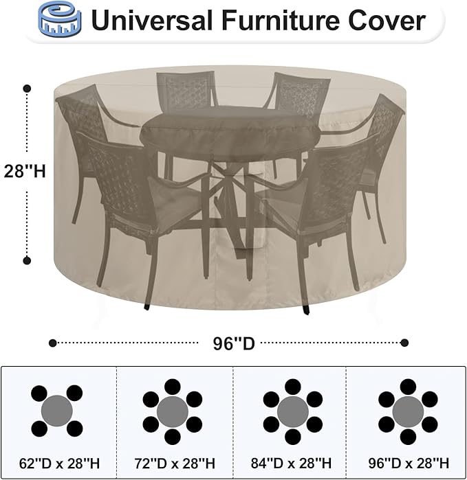 OutdoorLines Outdoor Waterproof Patio Table Furniture Set Covers - Round Couch Sectional Cover Outside Weatherproof Patio Furniture Covering for Deck, Lawn and Backyard 96" DIA x 28" H, Camel