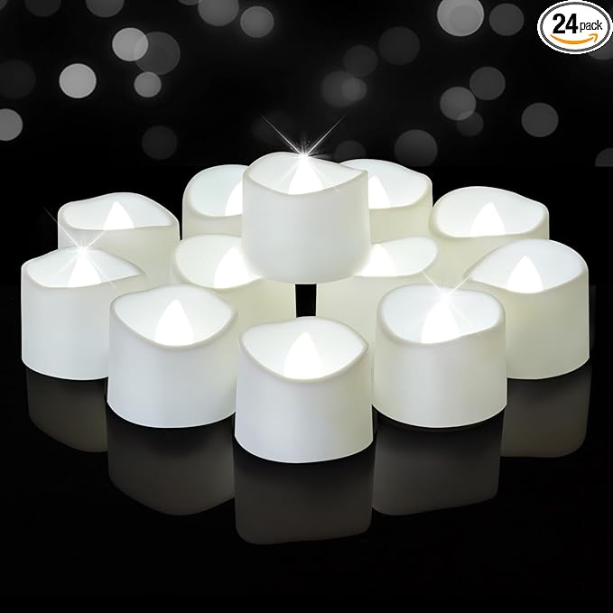 Raycare 24 Pack Cool White Battery Operated Tea Lights, 200+Hour Electric Flickering Flameless Candles, Realistic Votive LED Tea Lights for Wedding Party Table Thanksgiving Christmas Decorations