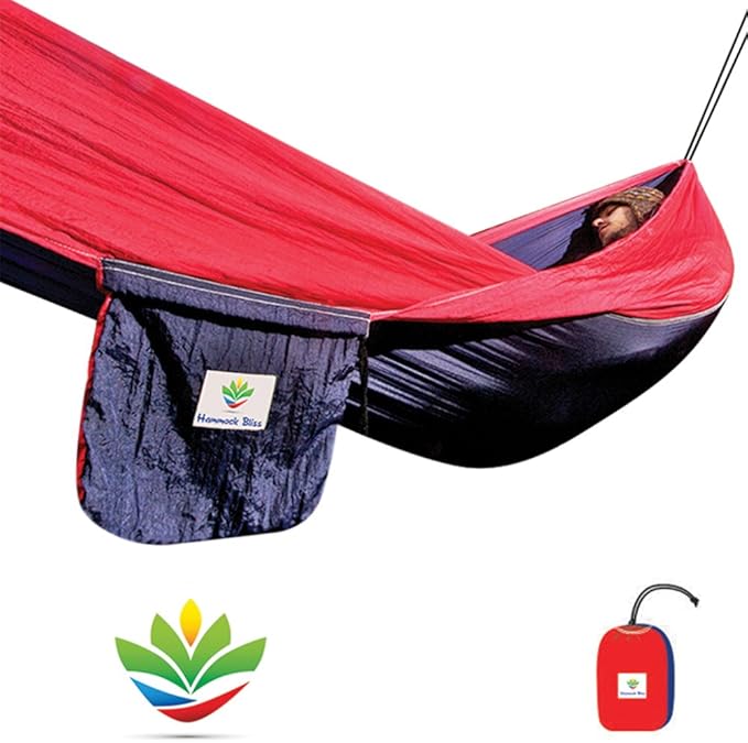 Hammock Bliss Single - Camping Hammock - Camping Essentials, Portable Hammock - The Longest Single Hammock On Earth for Outside, Hiking, and Travel (Navy/Red)