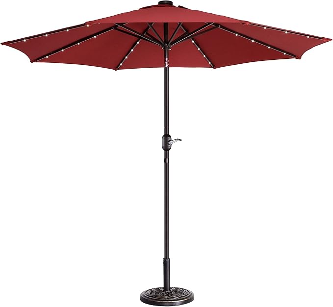 Pure Garden Villacera 9-Foot LED Outdoor Patio Umbrella with Solar Lights with Base, Red