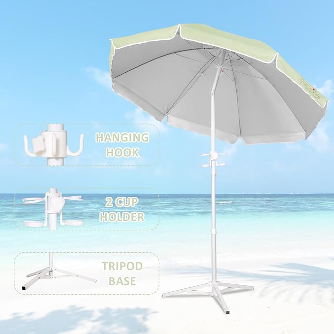 6.5ft Portable Beach Umbrellas for Sand Beach UV 50+ Umbrella with Tilt & Steel Pole, Protection with Heavy Duty Anchor, Patio Umbrella with Carry Bag