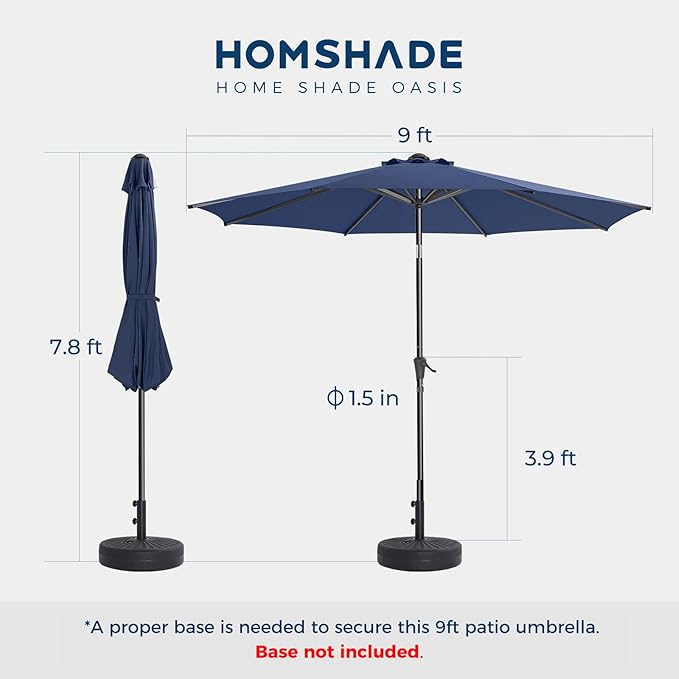 HOMSHADE 9ft Outdoor Patio Umbrella - Market Table Pool Deck Umbrella UPF50+ UV Protection with Push Button Tilt, Crank and 8 Sturdy Ribs (Navy Blue, No base)