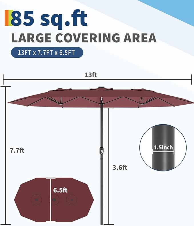 13ft Patio Umbrella with Double Canopy, Commercial Grade Extra Large Outdoor Market Umbrella for Patio Table, Pool & Backyard, Heavy Duty Aluminum Pole & Fiberglass Ribs, Parasol-Style Fabric, No Base