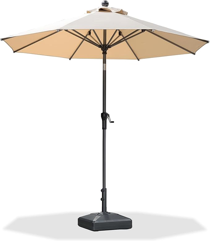 PURPLE LEAF 8' Round Patio Market Umbrella with Base Outdoor Table Umbrellas Aluminum Frame Sun Shade with 8 Sturdy Ribs Tilt for Garden Deck Lawn Pool Beige