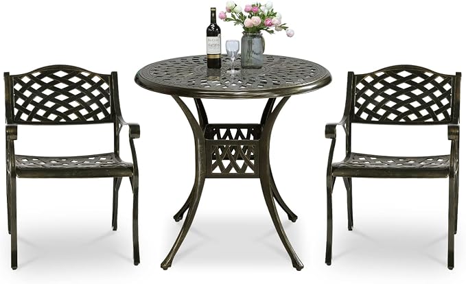 VIVIJASON 3-Piece Patio Bistro Set, All-Weather Cast Aluminum Outdoor Furniture Dining Set, Include 2 Chairs and 31" Round Table w/Umbrella Hole for Balcony, Lawn, Garden, Backyard, Antique Bronze