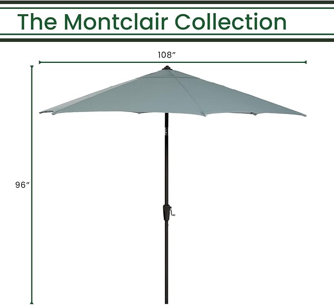 Hanover Montclair 9' Market Outdoor Umbrella in Ocean Blue, All-Weather UV and Rust Resistant Patio Table Umbrella for Small to Medium Outdoor Dining Sets with Crank Lever and Tilting Pivot