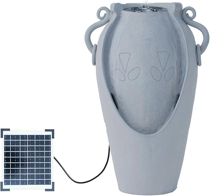 XBrand 34" Solar Pot Fountain, Amphora-Inspired Design, Outdoor Water Fountain, Polyresin, Gray