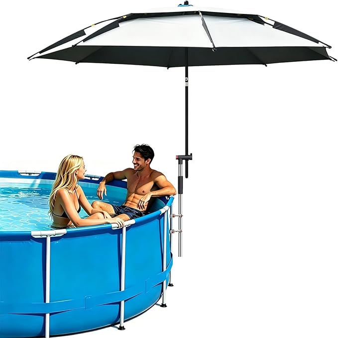 Above Ground Pool Umbrella 7.9 FT, UPF 50+ Sun Protection, 360° Rotating & Tilt Adjustable, Rust-Resistant Stainless Steel Clamp, with Ground Stake & Carry Bag, Outdoor Umbrella for Patio, Beach, Camping – White