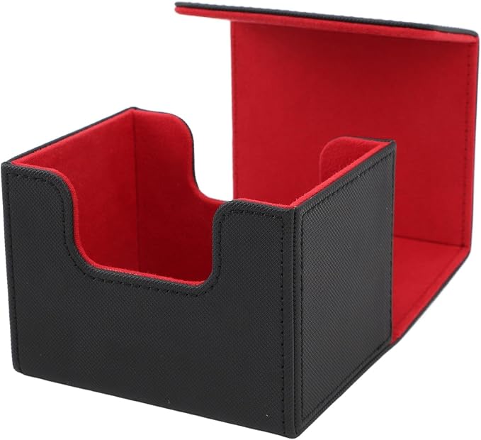 Zunate Card Deck Box for Tarot or Game Cards, Large Capacity PU Leather Storage Box/Cover with Magnetic Flap Lid, Holds 100 Cards, Soft Felt Lining, Black Finish (Black Red)