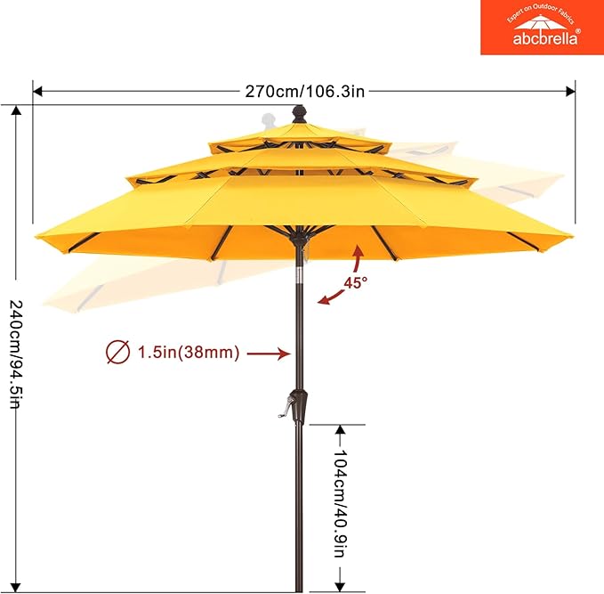 ABCCANOPY 5-Year 10-Year No Fading 9FT 3 Tiers Patio Umbrella, Outdoor Table Umbrella with 8 Sturdy Ribs for Deck, Backyard, Garden, Yard