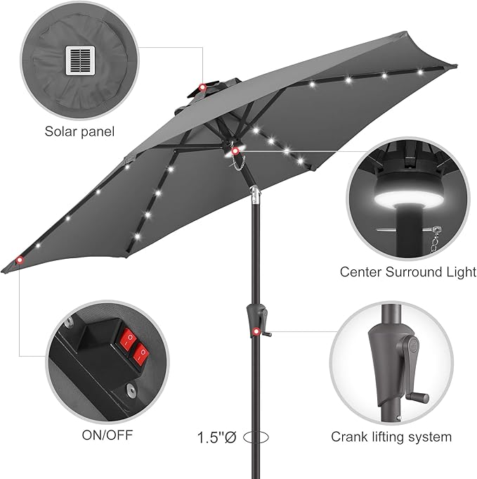 10FT Solar Patio Umbrella - Outdoor Umbrella with Centre Surround Light 24 LED Lights, Market Table Umbrella with Tilt for Pool, Porch, Garden, Deck, Backyard UV Protection (Anthracite)