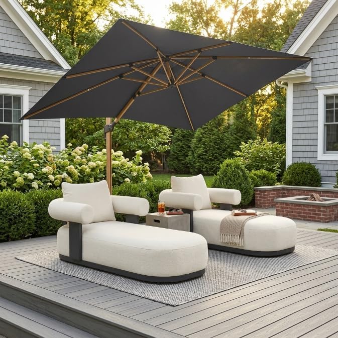 PURPLE LEAF 9' x 12' Rectangle Patio Cantilever Umbrella Large Hanging Umbrella Teak Finished Aluminum Frame Windproof Offset Outdoor Sun Umbrellas for Beach Pool Deck, Grey