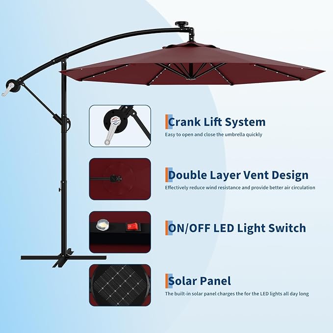 Garvee 10FT Solar Lights Offset Patio Umbrella with Cross Base, Cantilever Umbrella with Easy Lift & Tilt Adjustment, 8 Ribs Sun umbrella UV Protection for Backyard, Pool, Garden, Burgundy