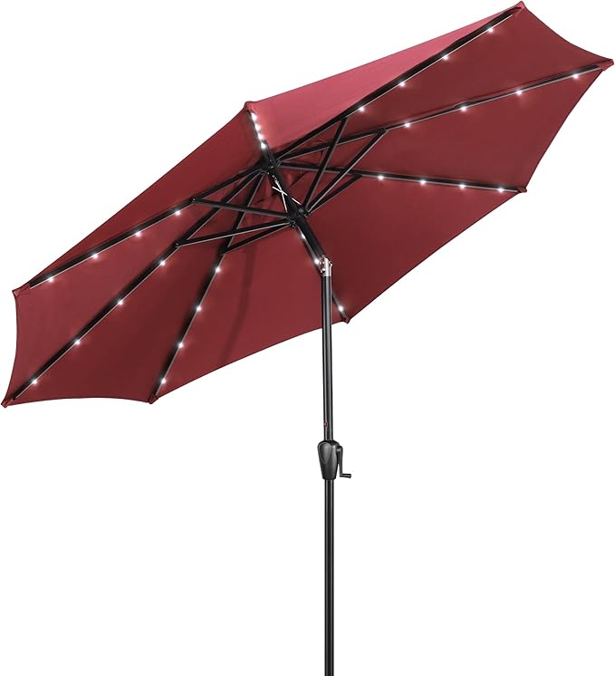 Sun-Ray 9' Round Patio Umbrella with 32 Solar Powered LED Lights, Push-Button Tilt and Hand Crank Lift, Solar Umbrella in Burgundy for Porch, Deck, and Patio