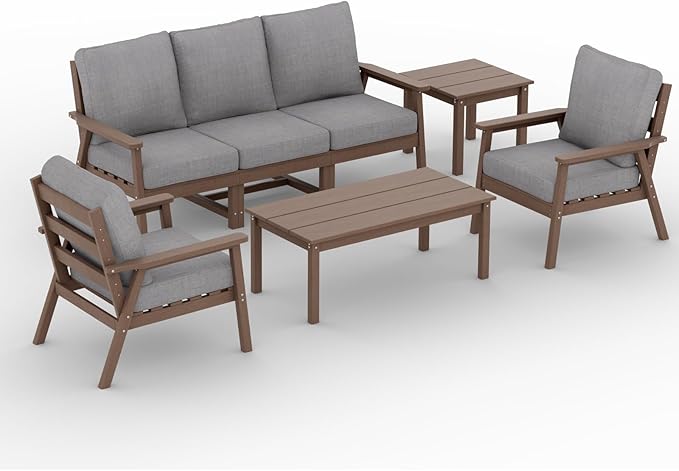 LOUNZY HDPE Outdoor Furinture Set,7 Piece Sectional Sofa Patio Furniture Set, All Weather Outdoor Couch Set Patio Furniture Set for Deck, Lawn, Brown