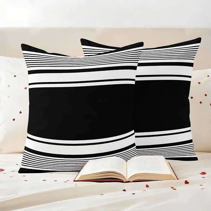 Outdoor Waterproof Throw Pillow Covers, Black Striped Decorative Pillow Cases, Modern Color Block Farmhouse Stripes Couch Pillow Protector Patio Sofa Cushion Covers Replacement 20"x20" 2 Pack