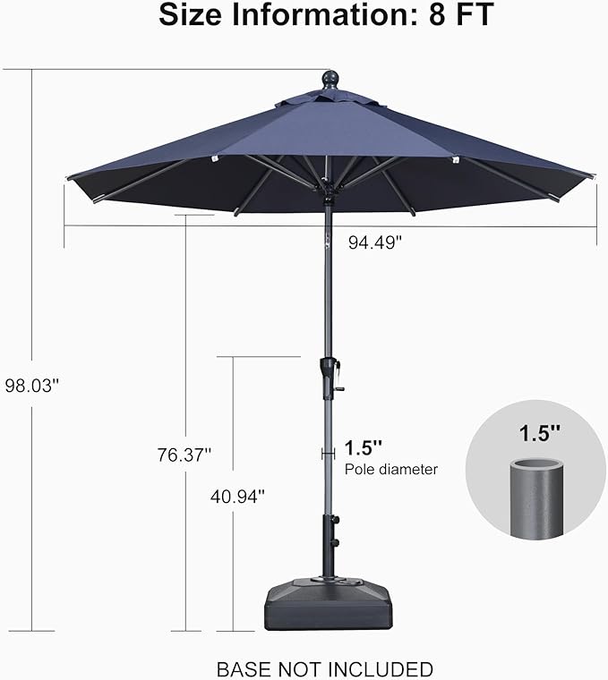 PURPLE LEAF 8' Round Patio Umbrella Outdoor Table Umbrella Aluminum Frame Market Umbrella Sun Umbrella with 8 Sturdy Ribs Tilt for Garden Deck Lawn Pool Navy Blue